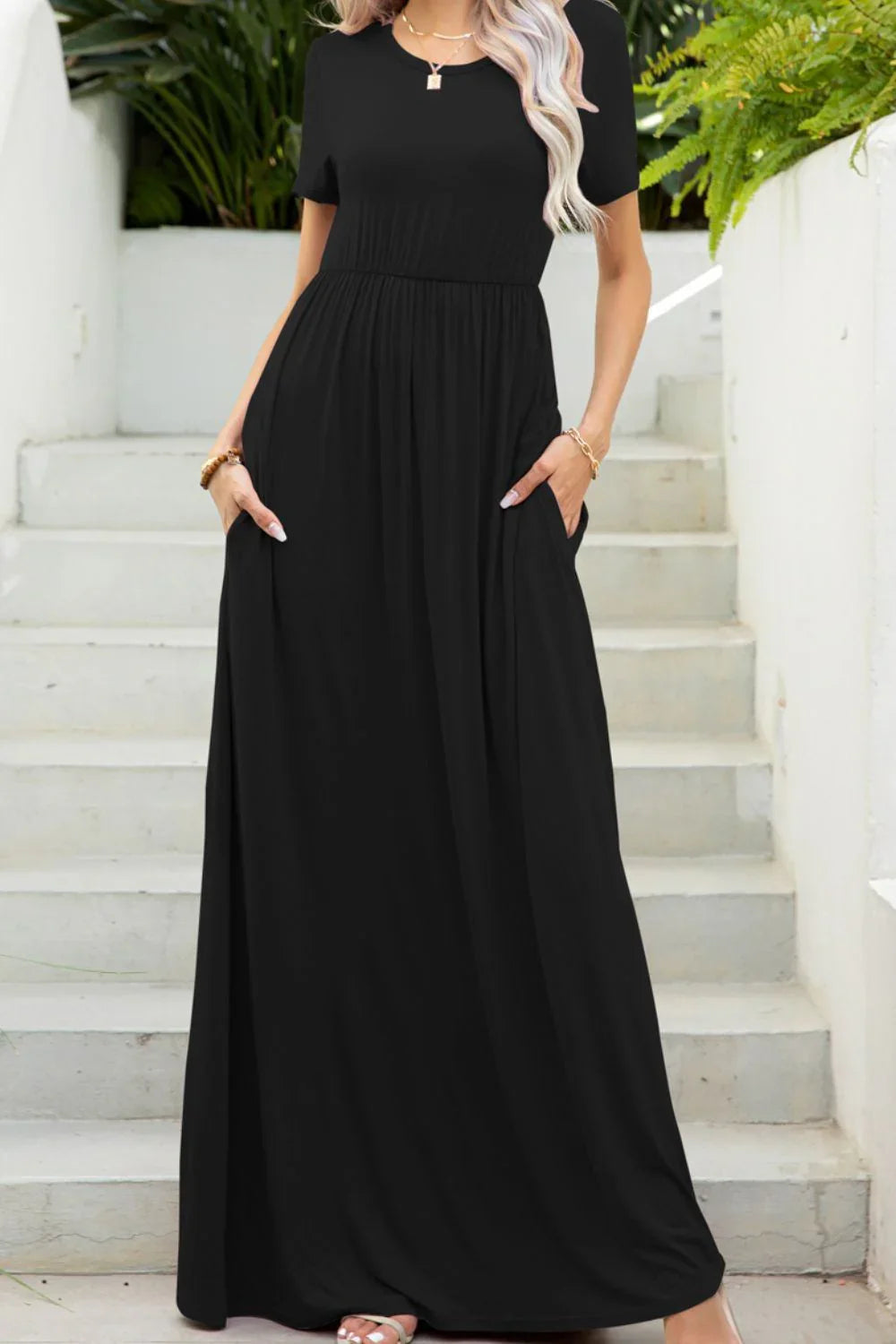 Round Neck Maxi Tee Dress with Pockets - VILLA FASHION